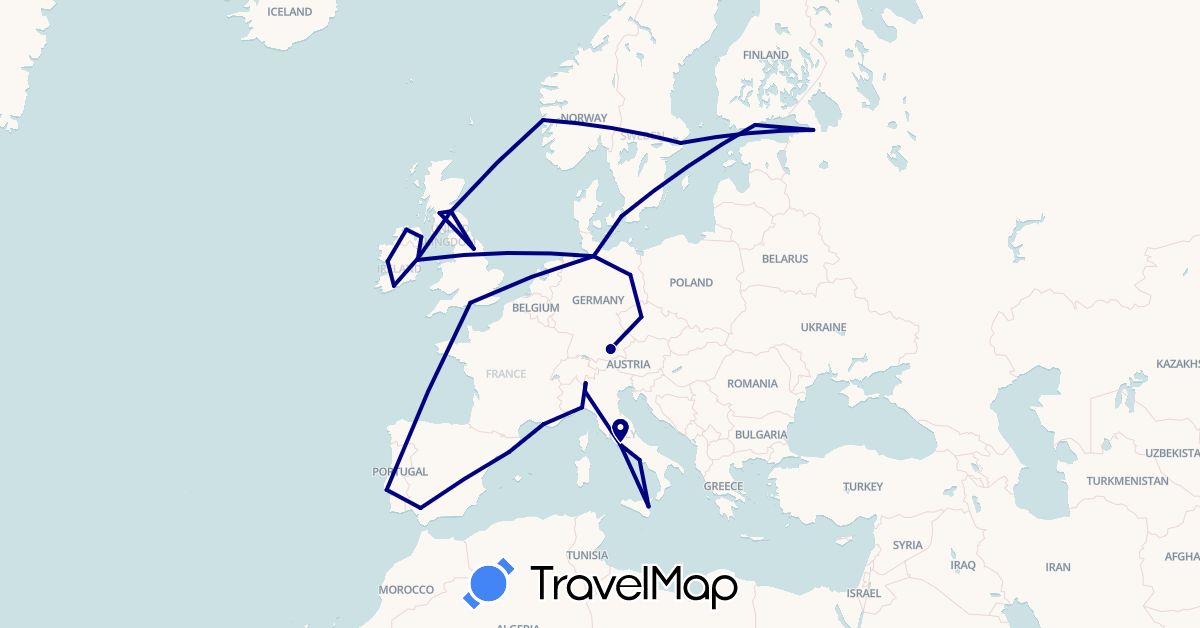 TravelMap itinerary: driving in Czech Republic, Germany, Denmark, Spain, Finland, France, United Kingdom, Ireland, Italy, Norway, Portugal, Russia, Sweden (Europe)